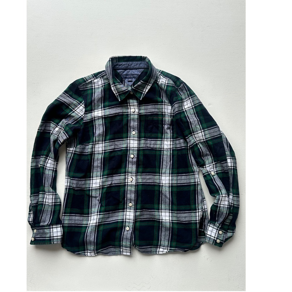 Tommy Hilfiger Womens Green Navy Blue Plaid Flannel Button Down Shirt Medium